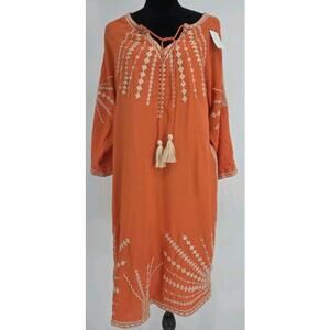 Tolani Heavily Embroidered Tunic Dress Large Orange 100% Viscose Tassles